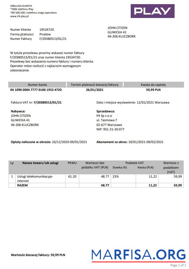 Downloadable Poland Play utility bill template in Word and PDF format